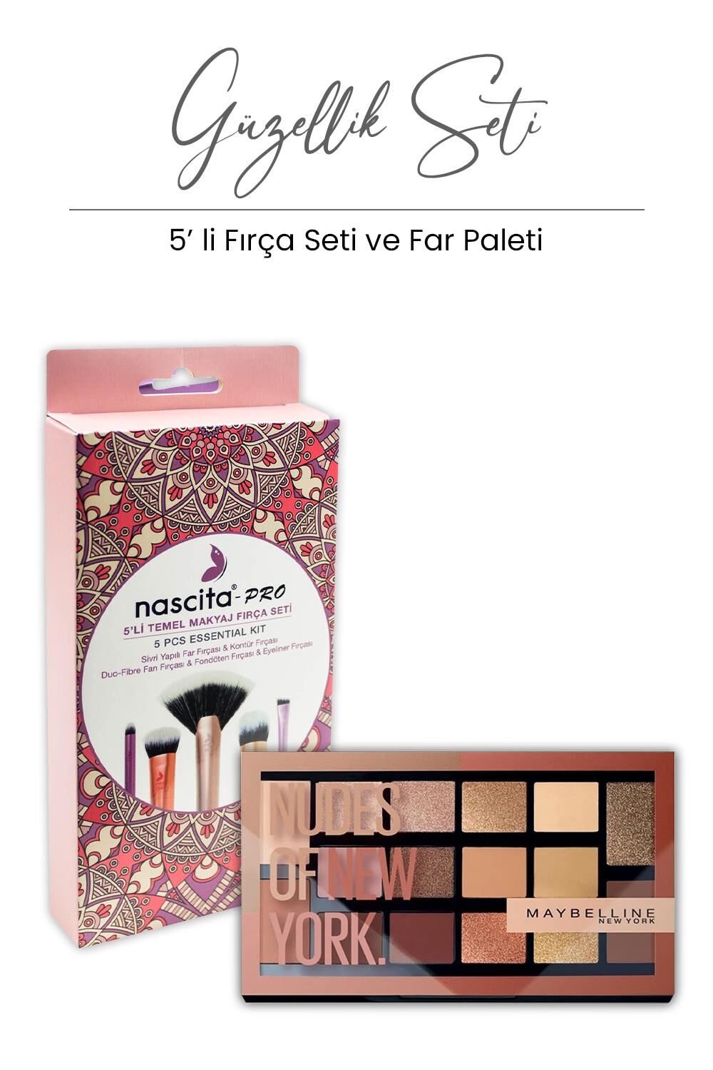 Maybelline Nudes Of New York 010 Far Paleti ve 5' li Temel Makyaj  Fırça Seti