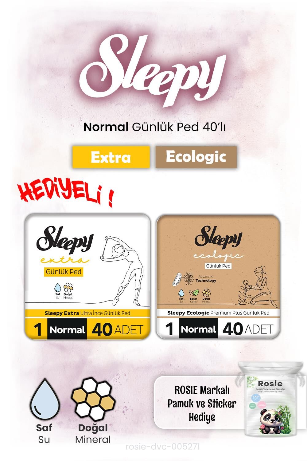 Sleepy Ecologic ve Extra Günlük Ped Normal 40'lı ve Rosie hediye