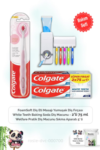 Colgate With Baking Soda 2 x 75 ml Diş Macunu, FoamSoft Diş Fırçası, Diş Macunu Aparatı ve ROSIE