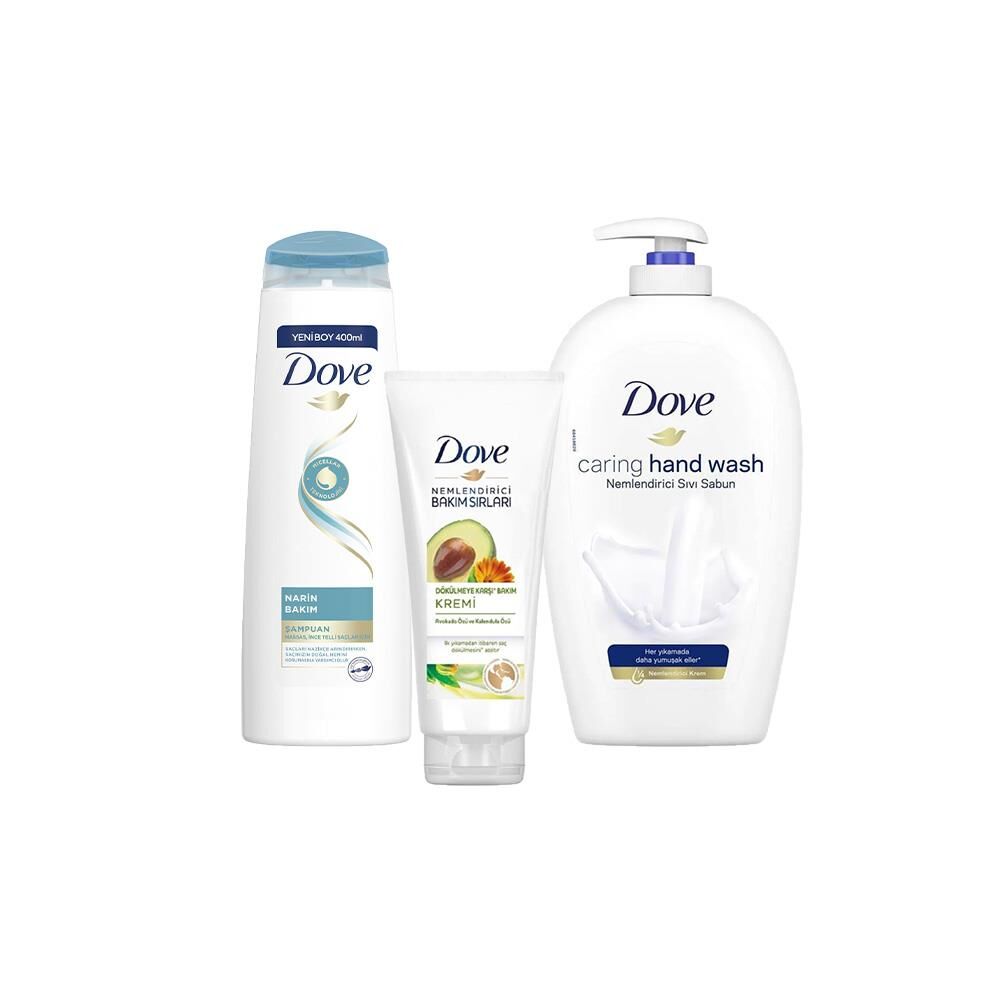 Dove Saç Bakım Şampuanı Narin Bakım, Saç Kremi Dökülmeye Karşı ve Sıvı Sabun Caring Hand