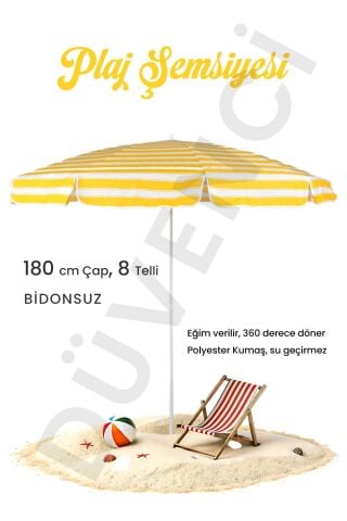 Sarı Beyaz Plaj Şemsiyesi 180cm, 8 Telli