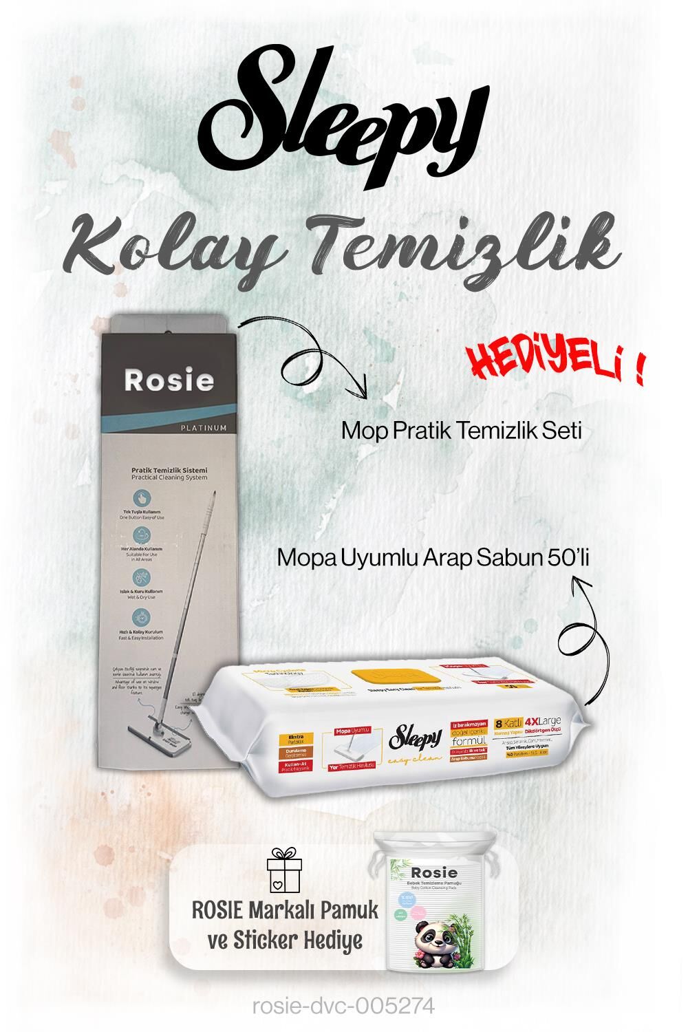 Sleepy 50'li Arap Sabun Mopa uyumlu ve Mop Seti, Rosie Hediyeli