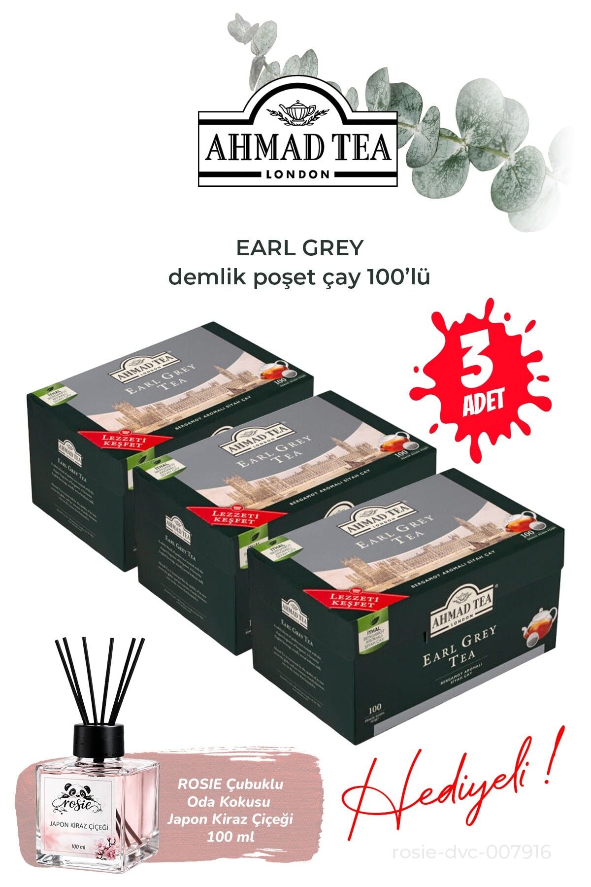 3 Paket 100’lü Earl Grey Demlik Poşet Çay 320 G ve Oda Kokusu