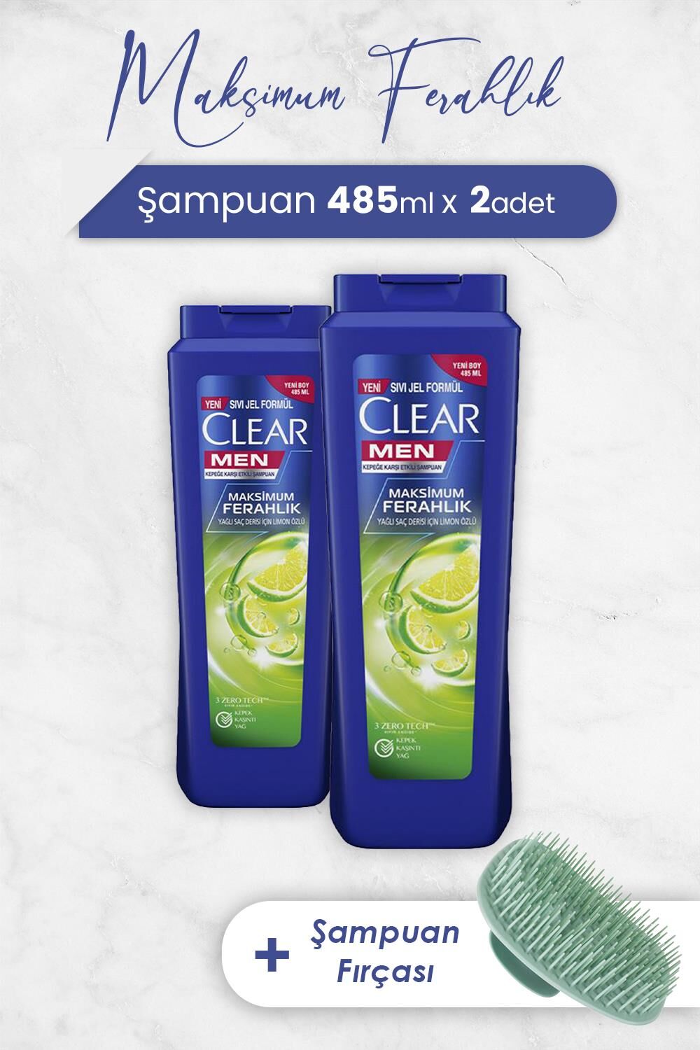 Clear Men Şampuan Maksimum Ferahlık 485 ml x 2 Adet ve Şampuan Fırçası