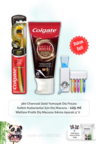 Colgate Kafein Kullananlara Özel 125 ml Diş Macunu, 360 Charcoal Gold  Diş Fırçası, Diş Macunu Aparatı ve ROSIE