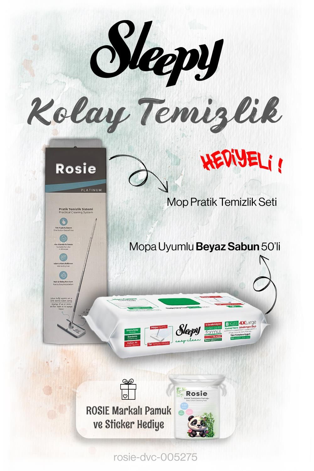 Sleepy 50'li Beyaz Sabun Mopa uyumlu ve Mop Seti, Rosie Hediyeli