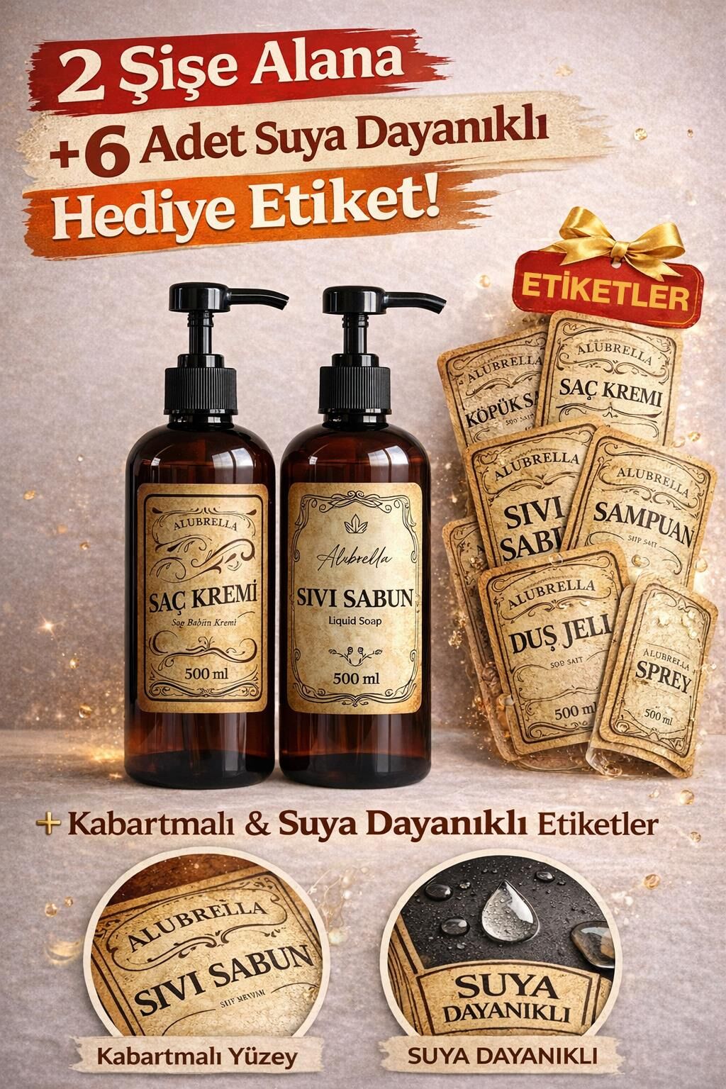 Pompalı Plastik Şişe Seti, 2 Adet 500 ML ve Banyo Temalı Etiketler