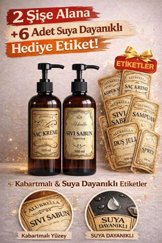 Pompalı Plastik Şişe Seti, 2 Adet 500 ML ve Banyo Temalı Etiketler