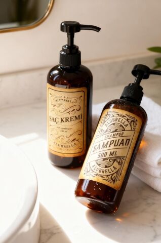 Pompalı Plastik Şişe Seti, 2 Adet 500 ML ve Banyo Temalı Etiketler