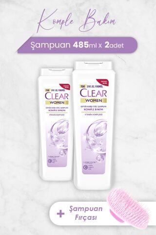 Clear Women Komple Bakım Şampuan 485 ml x 2 Adet ve Şampuan Fırçası