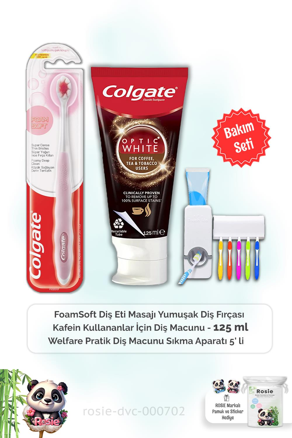 Colgate Kafein Kullananlara Özel 125 ml Diş Macunu, FoamSoft Diş Fırçası, Diş Macunu Aparatı ve ROSIE