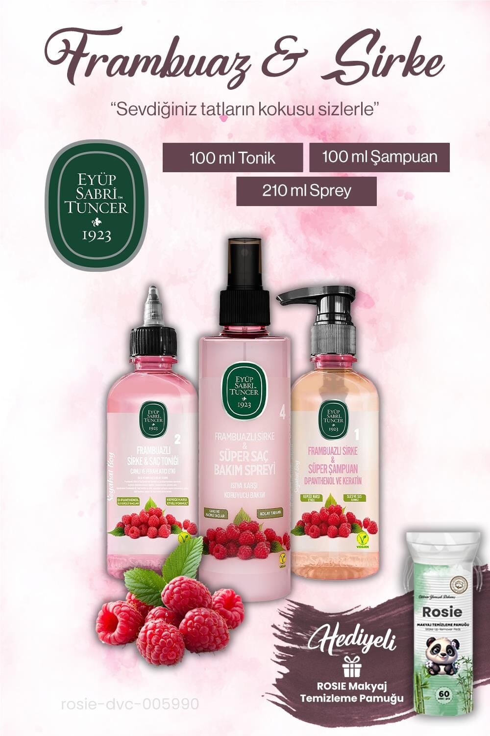 Eyüp Sabri Tuncer Sirke Frambuaz Sprey 210ml, Tonik ve Şampuan 100 ml ROSIE makyaj pamuğu