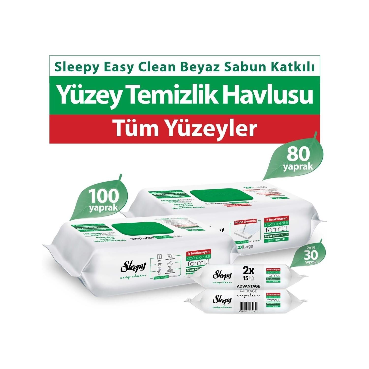 Sleepy Beyaz Sabun Yüzey Temizlik Havlusu 100+2X15 Yaprak + Mopa Uyumlu 80 Yaprak