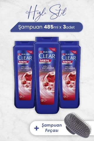 Clear Hızlı Stil 2'si 1 Arada Şampuan 485 ml x 3 Adet ve Şampuan Fırçası