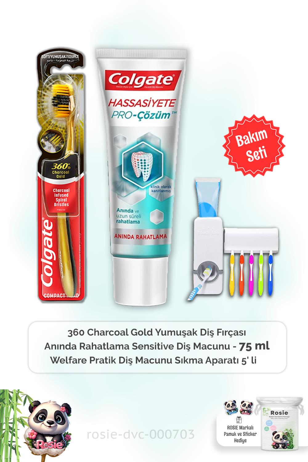 Colgate Hassasiyete Çözüm Diş Macunu 75 ml, 360 Charcoal Gold  Diş Fırçası, Diş Macunu Aparatı ve ROSIE