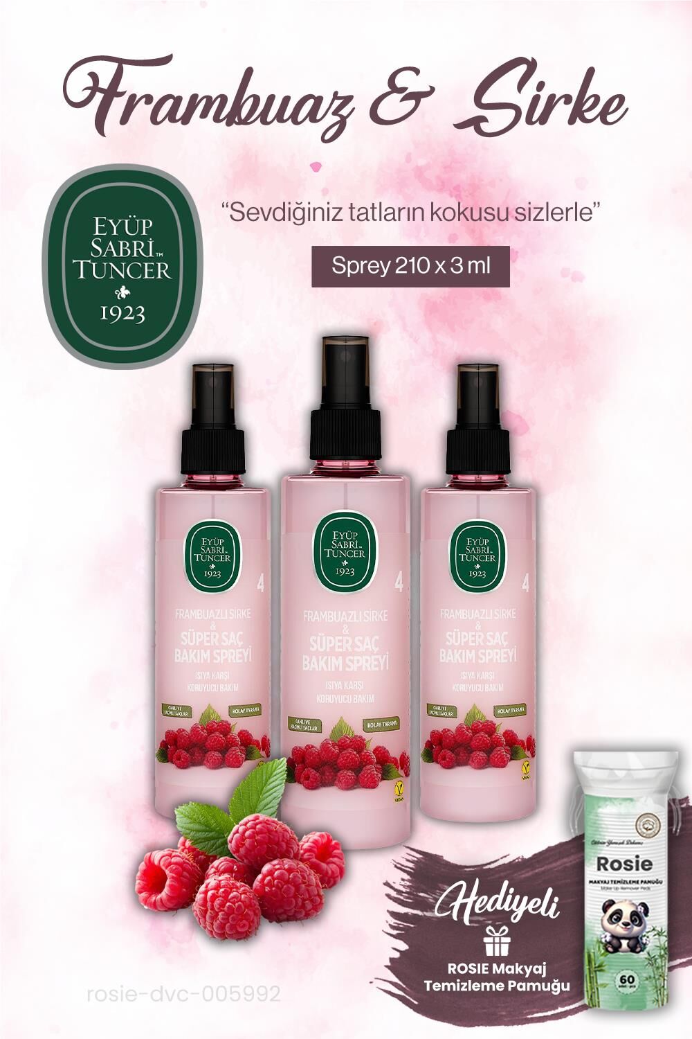 Eyüp Sabri Tuncer 3 x 210 ml Sirke Frambuaz Sprey ve ROSIE makyaj pamuğu