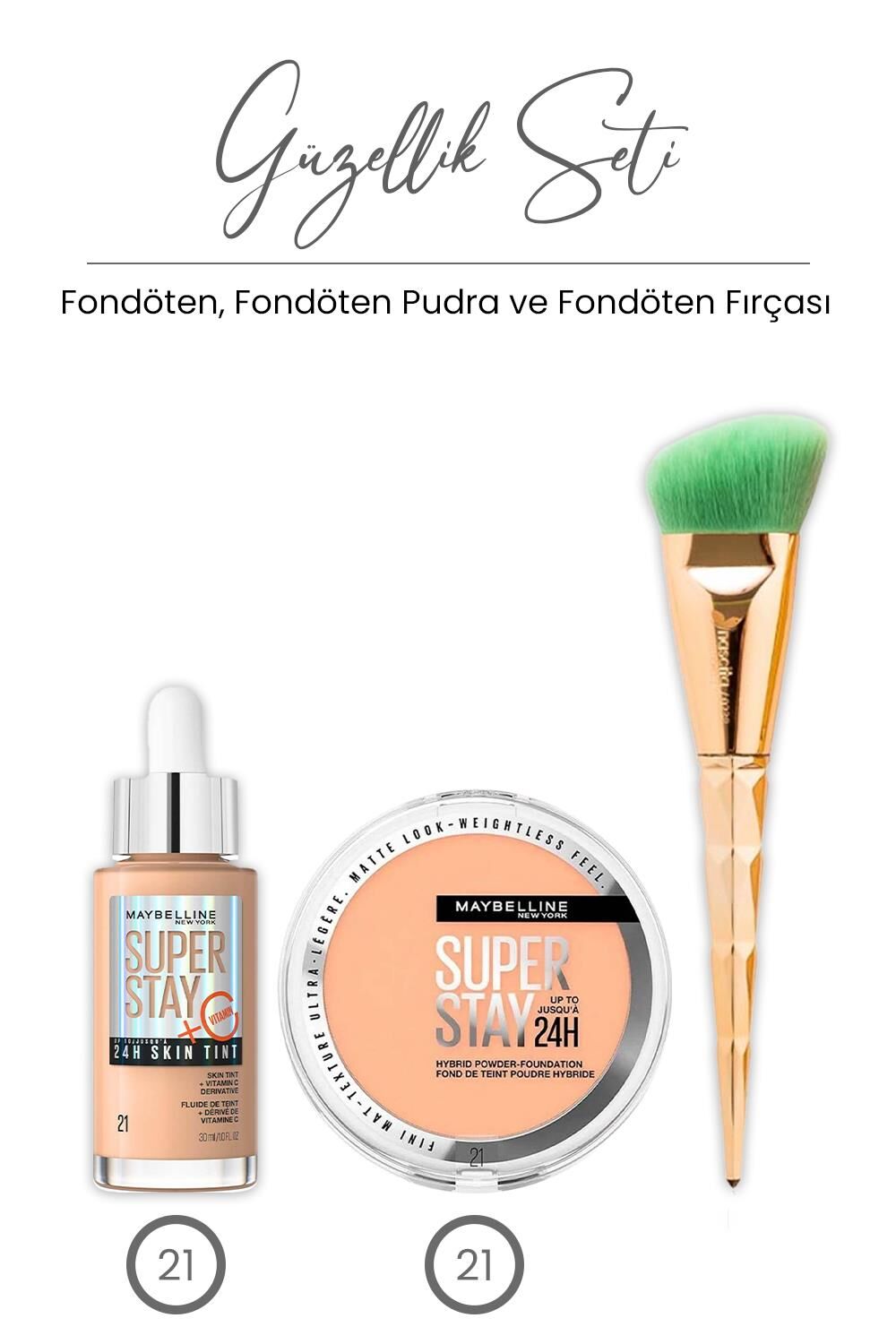 Maybelline Super Stay 24H Skin Tint Fondöten 30 ml - 21, Hibrit Pudra-Fondöten 21 ve Fondöten Fırçası