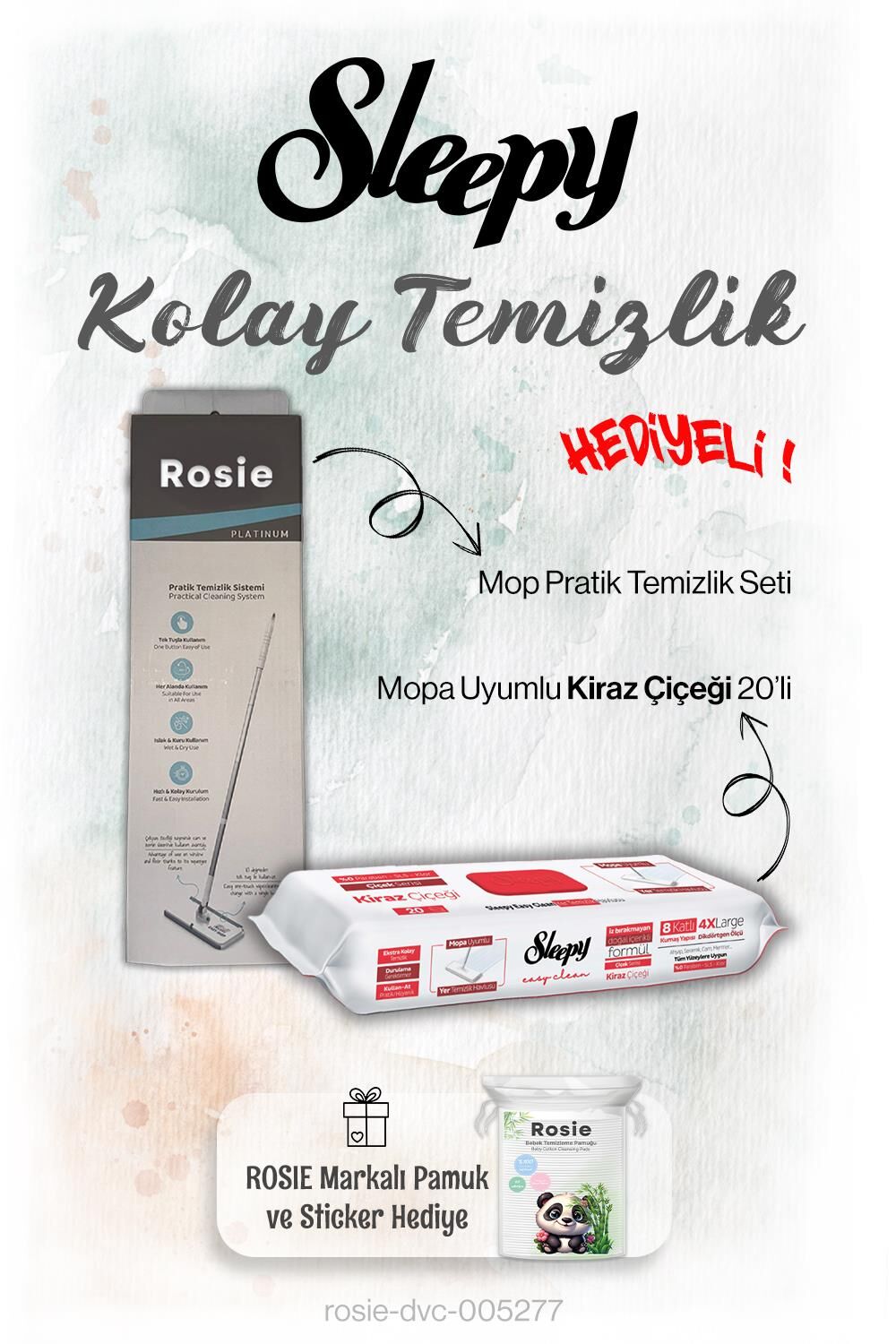 Sleepy 20'li Kiraz Çiçeği Mopa uyumlu ve Mop Seti, Rosie Hediyeli