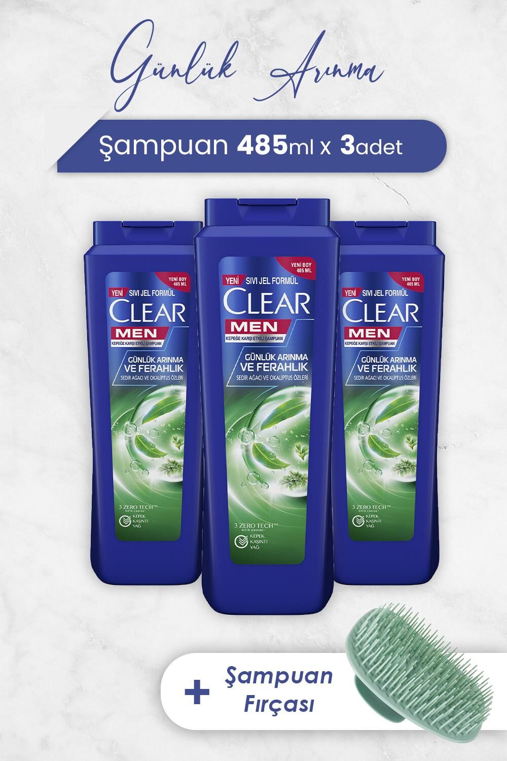 Clear Men Şampuan Günlük Arınma ve Ferahlık 485 ml x 3 Adet ve Şampuan Fırçası