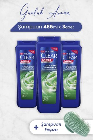 Clear Men Şampuan Günlük Arınma ve Ferahlık 485 ml x 3 Adet ve Şampuan Fırçası