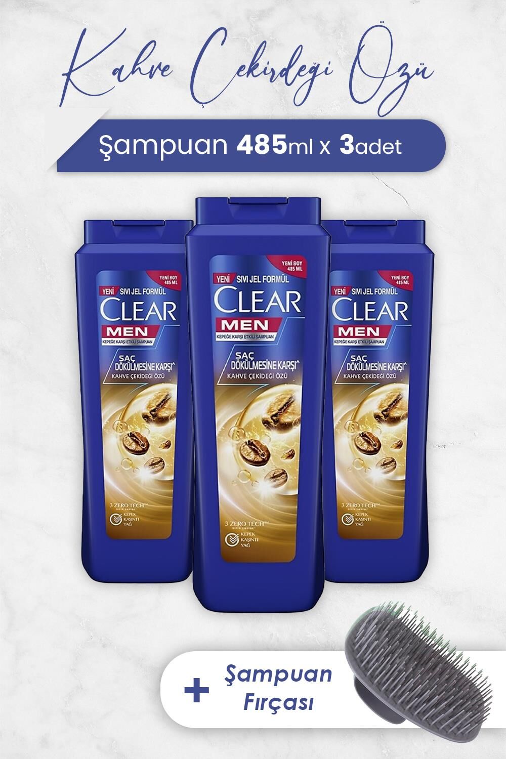 Clear Men Şampuan Saç Dökülmesine Karşı 485 ml x 3 Adet ve Şampuan Fırçası