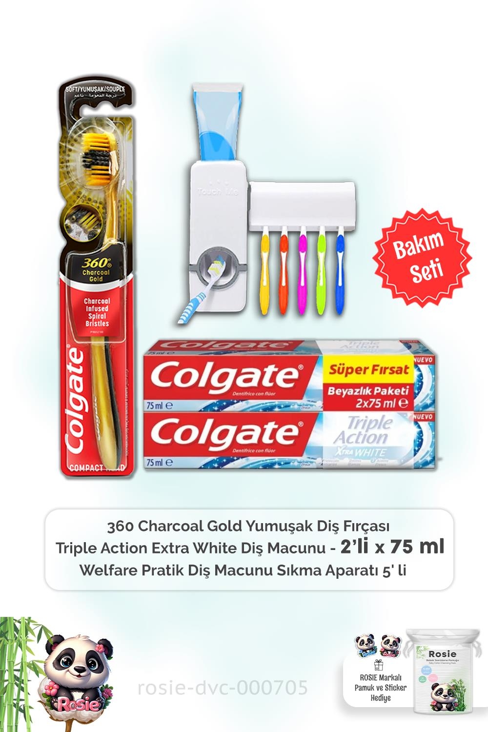 Colgate Triple Action Extra White Diş Macunu 2 x 75 ml, 360 Charcoal Gold  Diş Fırçası, Diş Macunu Aparatı ve ROSIE