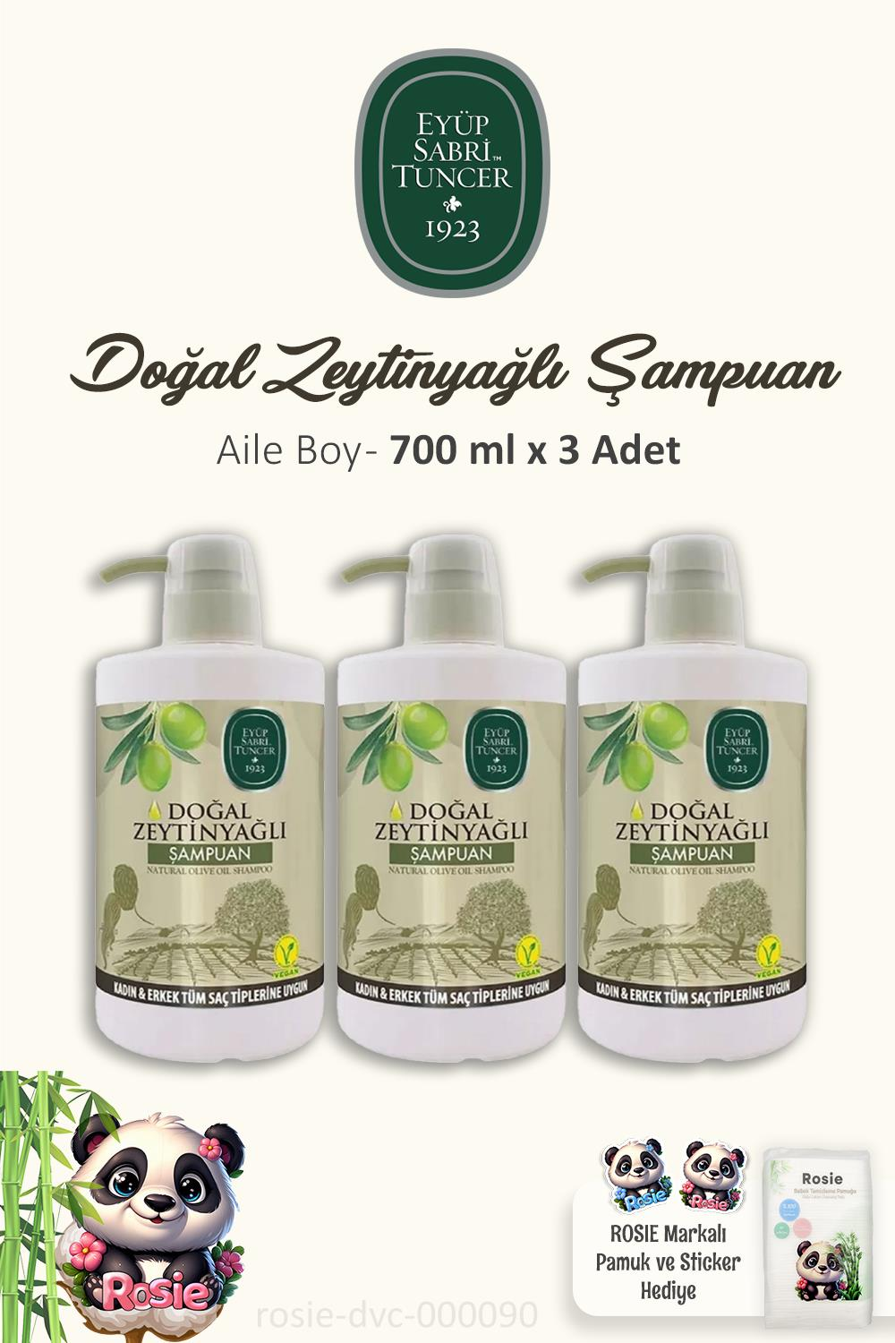 3'lü Eyüp Sabri Tuncer Doğal Zeytinyağlı Şampuan 700 ml ve %100 Pamuk ROSIE