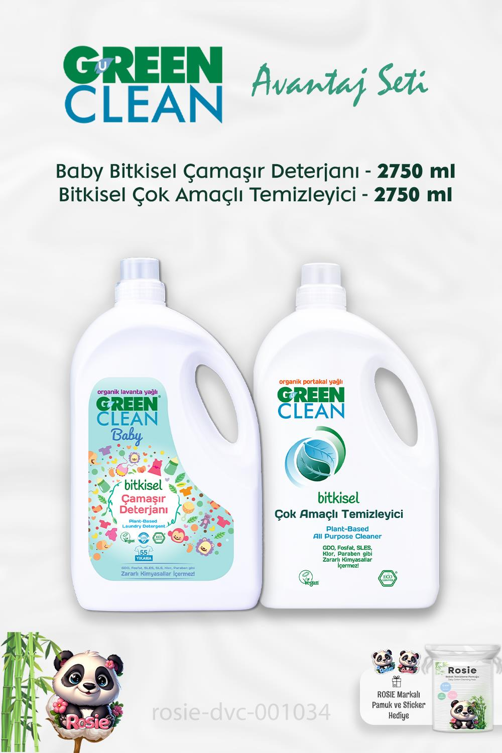 Green Clean Çok Amaçlı Temizleyici 2.75 kg, Baby Bitkisel Çamaşır Deterjanı 2.75 kg ve ROSIE
