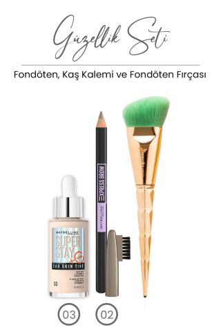 Maybelline Super Stay 24H Skin Tint Fondöten 30 ml - 03, Express Brow Kaş Kalemi - 02 Blonde ve Fondöten Fırçası