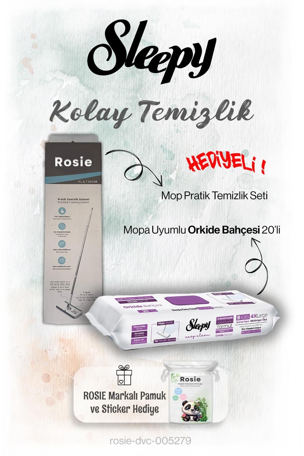 Sleepy 20'li Orkide Bahçesi Mopa uyumlu ve Mop Seti, Rosie Hediyeli