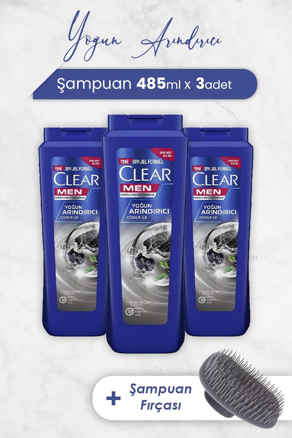 Clear Men Şampuan Yoğun Arındırıcı 485 ML x 3 Adet ve Şampuan Fırçası