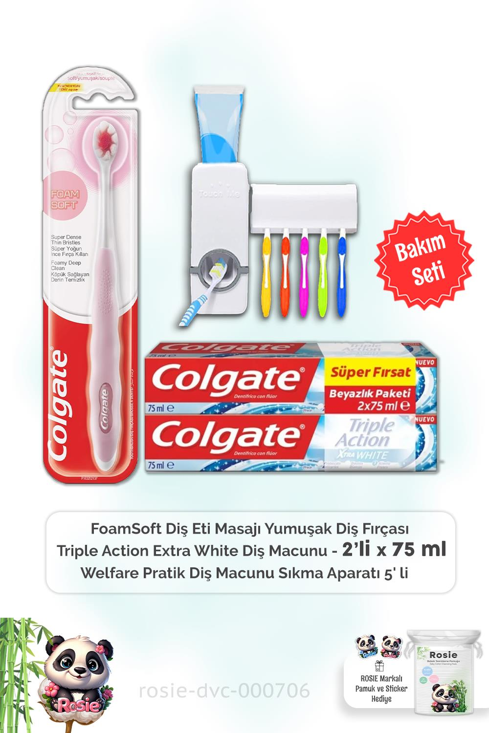 Colgate Triple Action Extra White Diş Macunu 2 x 75 ml, FoamSoft Diş Fırçası, Diş Macunu Aparatı ve ROSIE