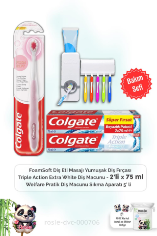 Colgate Triple Action Extra White Diş Macunu 2 x 75 ml, FoamSoft Diş Fırçası, Diş Macunu Aparatı ve ROSIE