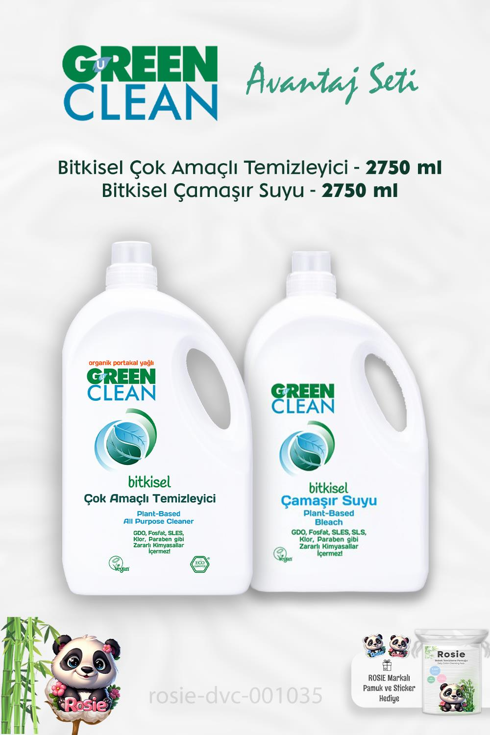 Green Clean Çok Amaçlı Temizleyici Portakal Yağlı 2.75 kg, Çamaşır Suyu 2.75 kg ve ROSIE