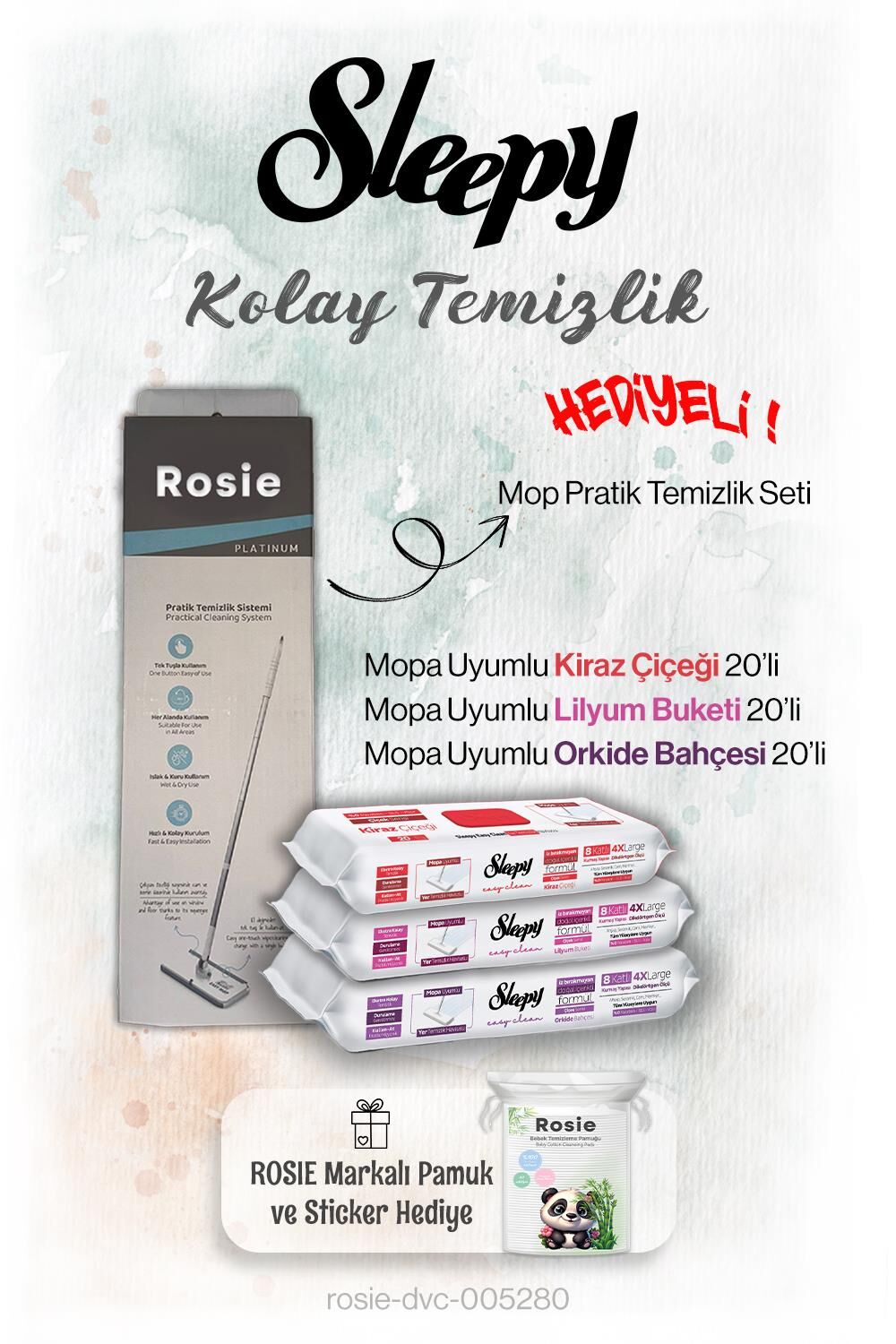 Sleepy Çiçek Serisi 20'li Mopa uyumlu ve Mop Seti, Rosie Hediyeli
