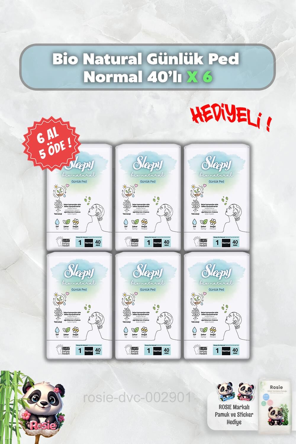 Sleepy 6 AL 5 ÖDE Bio Natural Günlük Ped Normal 40'lı ve Rosie