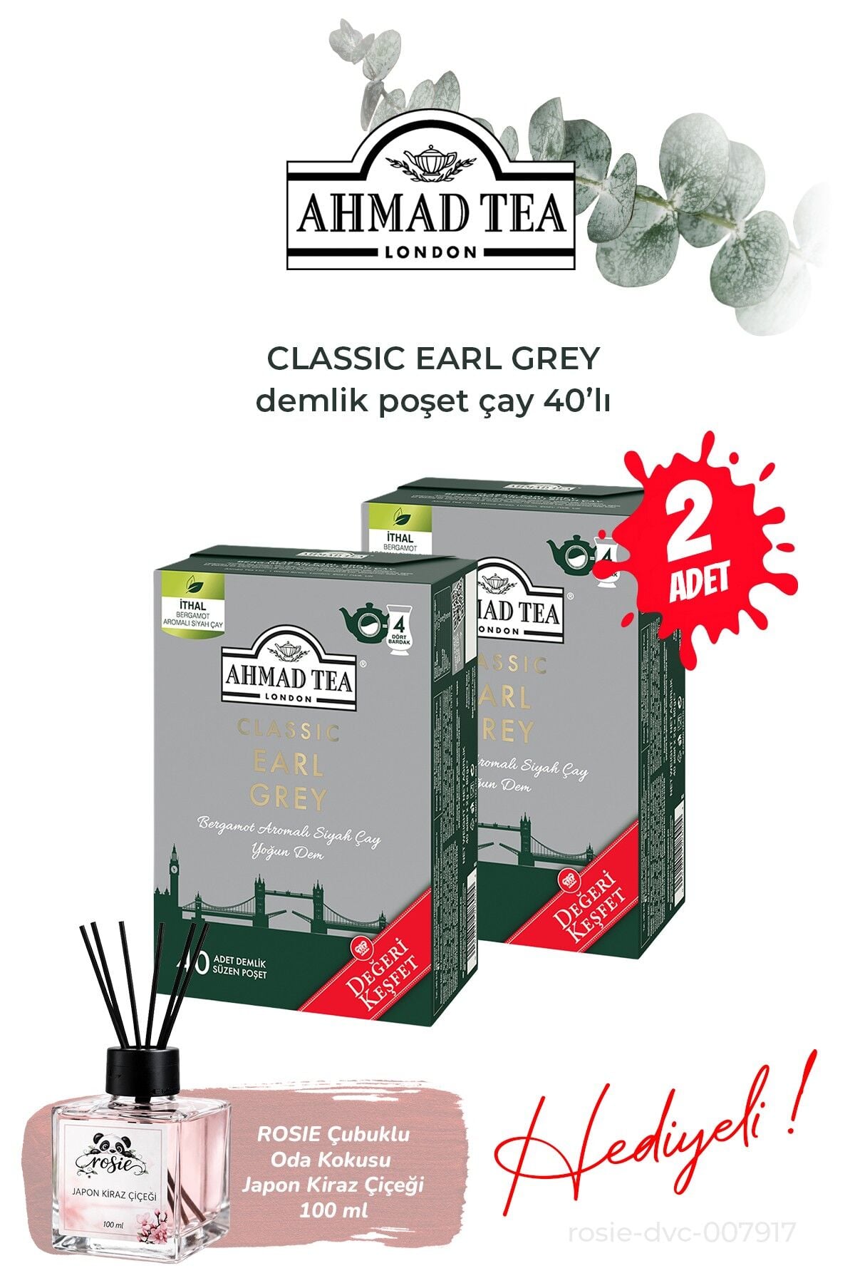 40'lı Klasik Earl Grey Demlik Poşet Çay 80 g 2 paket ve Oda Kokusu