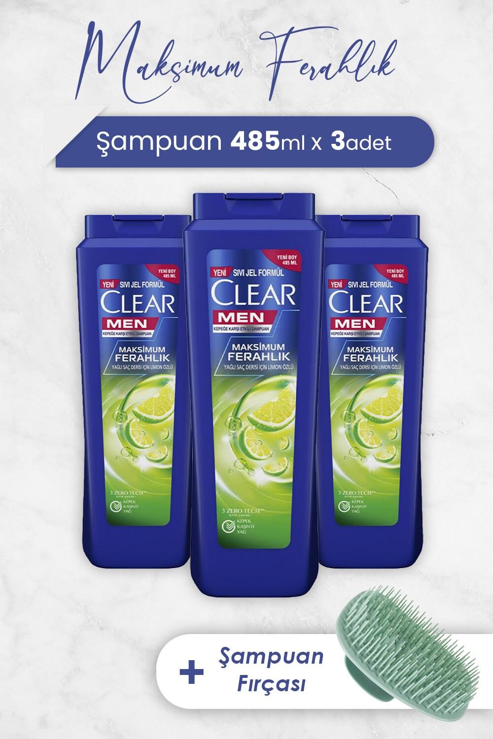 Clear Men Şampuan Maksimum Ferahlık 485 ml x 3 Adet ve Şampuan Fırçası