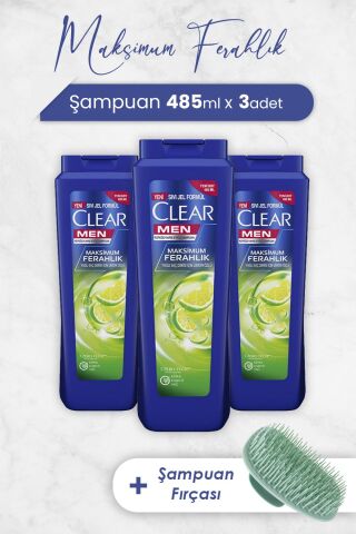Clear Men Şampuan Maksimum Ferahlık 485 ml x 3 Adet ve Şampuan Fırçası