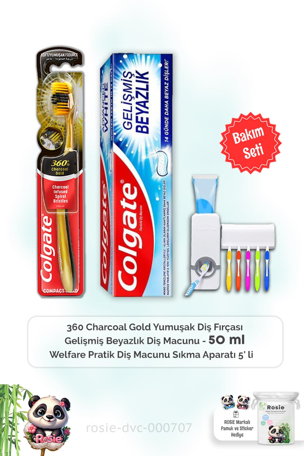 Colgate Diş Macunu Gelişmiş Beyazlık 50 ml, 360 Charcoal Gold  Diş Fırçası, Diş Macunu Aparatı ve ROSIE