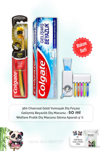 Colgate Diş Macunu Gelişmiş Beyazlık 50 ml, 360 Charcoal Gold  Diş Fırçası, Diş Macunu Aparatı ve ROSIE