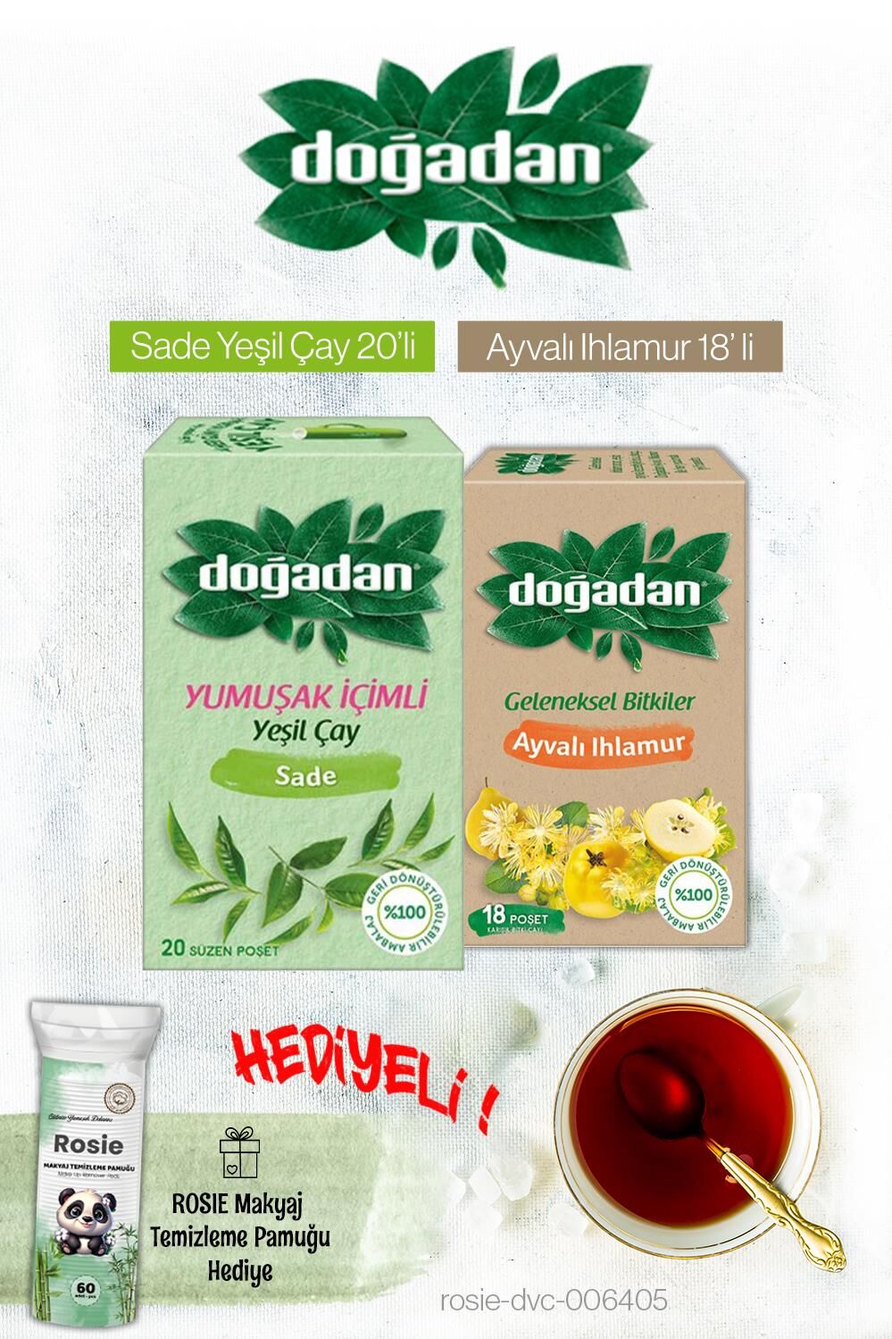 Doğadan Ayvalı Ihlamur ve Yeşil Çay Yumuşak İçim Poşet Çay ve Rosie Hediyeli