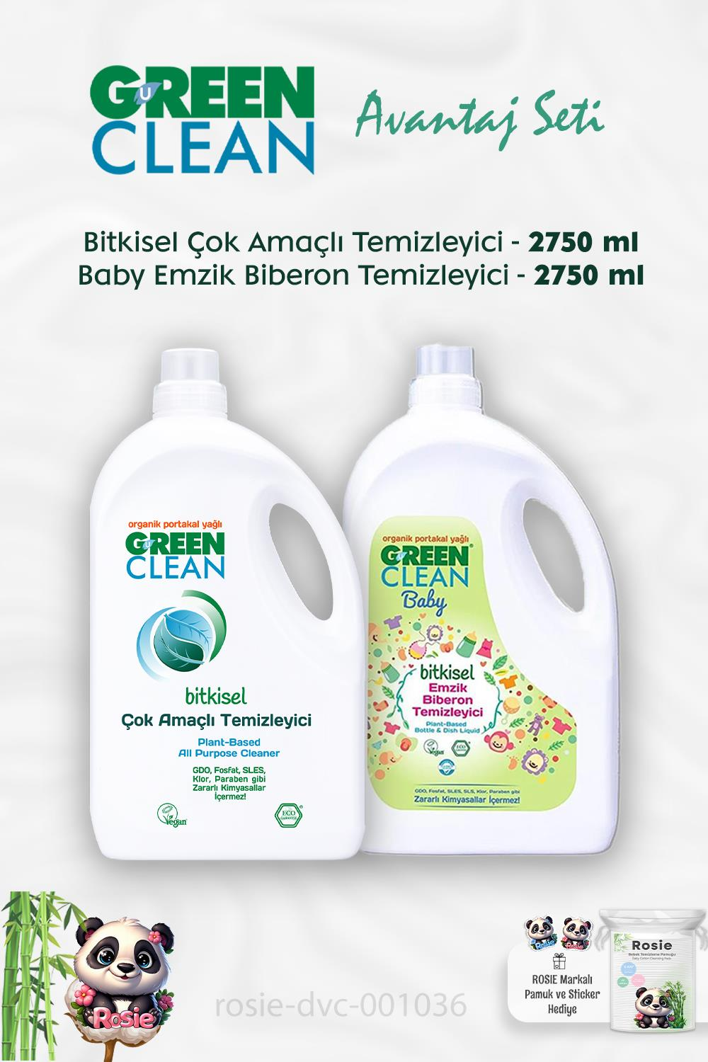 Green Clean Çok Amaçlı Temizleyici Portakal Yağlı 2.75 kg, Emzik Temizleyici 2,75 kg ve ROSIE