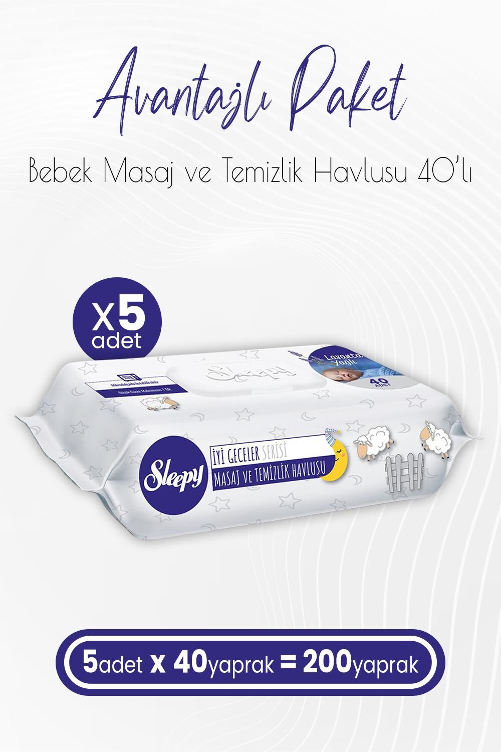 Sleepy Lavanta Yağlı Masaj ve Temizlik Havlusu 40 Yaprak x 5 (200 Yaprak)