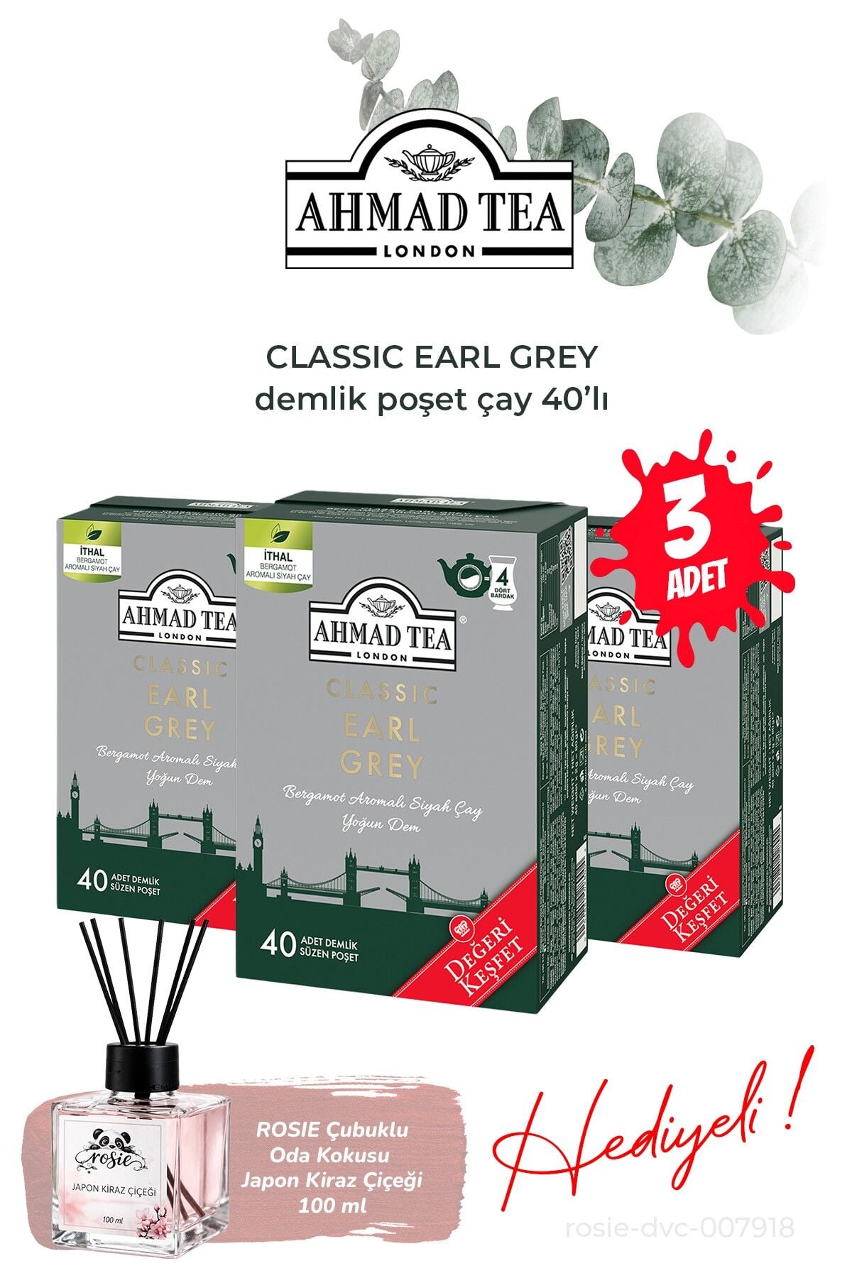3 Paket 40'lı Klasik Earl Grey Demlik Poşet Çay 80 g ve Oda Kokusu