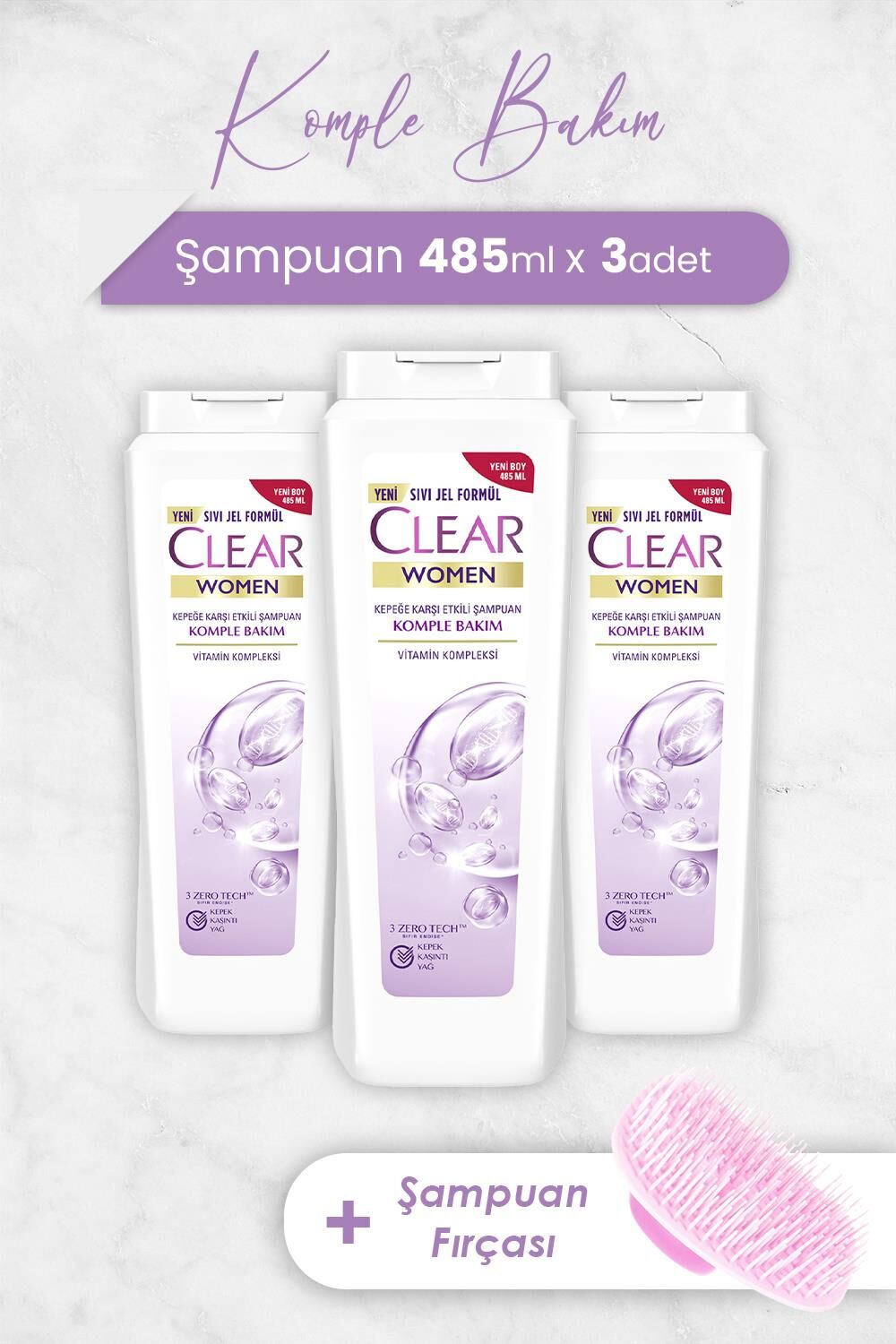 Clear Women Komple Bakım Şampuan 485 ml x 3 Adet ve Şampuan Fırçası
