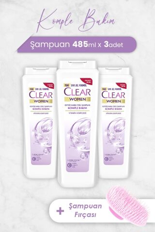 Clear Women Komple Bakım Şampuan 485 ml x 3 Adet ve Şampuan Fırçası