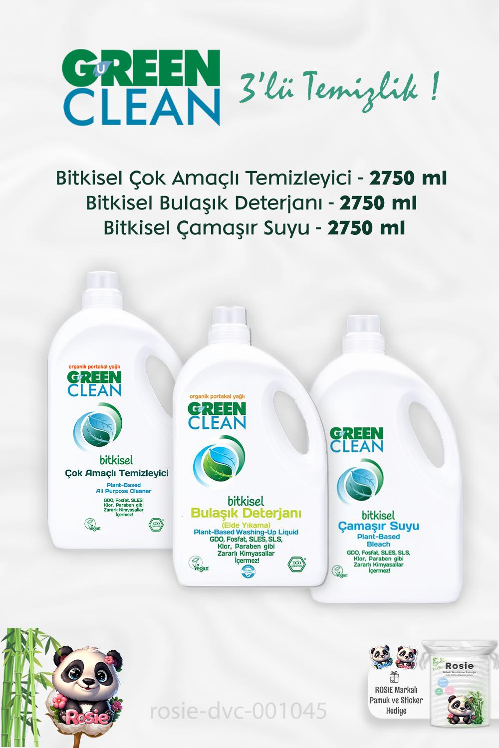 Green Clean Çok Amaçlı Temizleyici 2.75 kg, Çamaşır Suyu 2.75 kg, Bulaşık Deterjanı 2,75 kg ve ROSIE