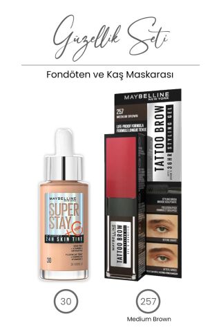 Maybelline Super Stay 24H Skin Tint Fondöten 30 ml - 30 ve Tattoo Brow Kaş Maskarası 257