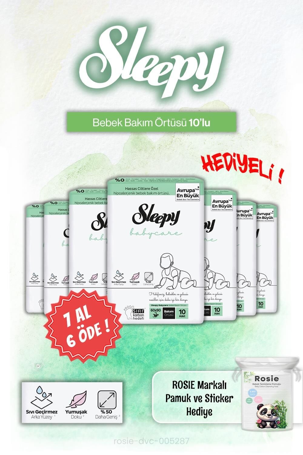 Sleepy 7 AL 6 ÖDE Babycare Bebek Bakım Örtüsü 10'lu ve Rosie Pamuk Hediye